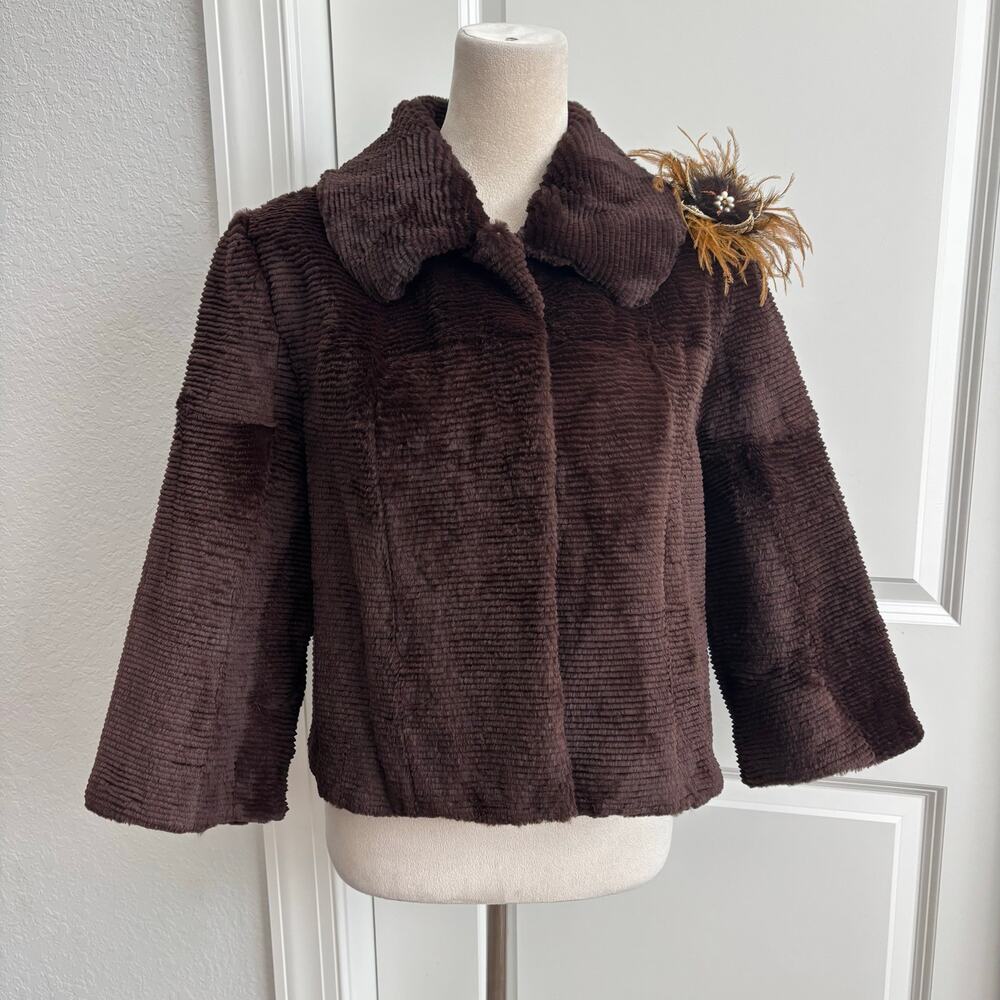 SPI 25 Sandy Pino Rabbit Fur Jacket Brown Ribbed Cropped Coat Brooch Large - Picture 2 of 13
